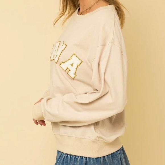GILLI Mama Glitter Varsity Patch Letter Pullover Crew Sweatshirt, Beige‎ Gold,L - Picture 8 of 11